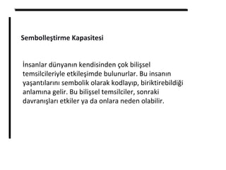 Sembolleştirme Kapasitesi
İnsanlar dünyanın kendisinden çok bilişsel
temsilcileriyle etkileşimde bulunurlar. Bu insanın
yaşantılarını sembolik olarak kodlayıp, biriktirebildiği
anlamına gelir. Bu bilişsel temsilciler, sonraki
davranışları etkiler ya da onlara neden olabilir.
 