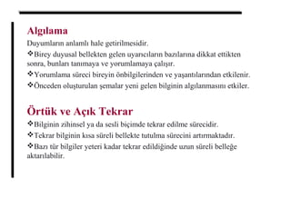 Algılama
Duyumların anlamlı hale getirilmesidir.
Birey duyusal bellekten gelen uyarıcıların bazılarına dikkat ettikten
sonra, bunları tanımaya ve yorumlamaya çalışır.
Yorumlama süreci bireyin önbilgilerinden ve yaşantılarından etkilenir.
Önceden oluşturulan şemalar yeni gelen bilginin algılanmasını etkiler.
Örtük ve Açık Tekrar
Bilginin zihinsel ya da sesli biçimde tekrar edilme sürecidir.
Tekrar bilginin kısa süreli bellekte tutulma sürecini artırmaktadır.
Bazı tür bilgiler yeteri kadar tekrar edildiğinde uzun süreli belleğe
aktarılabilir.
 