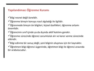 Yapılandımacı Öğrenme Kuramı
Bilgi nesnel değil özneldir.
Öğrenme bireyin konuyu nasıl algıladığı ile ilgilidir.
Öğrenmede bireyin ön bilgileri, kişisel özellikleri, öğrenme ortamı
önemlidir.
Öğrencinin sınıf içinde ya da dışında aktif katılımı gerekir.
Öğrenme sürecinde öğrenci sorumluluk alır ve karar verme sürecinde
etkindir.
Bilgi edinme bir sonuç değil, yeni bilginin oluşması için bir kaynaktır.
Öğretmen-bilgi-öğrenci üçgeninde, öğretmen bilgi ile öğrenci arasında
bir arabulucudur.
 