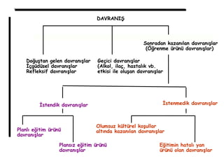 DAVRANIŞ
Sonradan kazanılan davranışlar
(Öğrenme ürünü davranışlar)
Doğuştan gelen davranışlar Geçici davranışlar
İçgüdüsel davranışlar (Alkol, ilaç, hastalık vb.
Refleksif davranışlar etkisi ile oluşan davranışlar
İstendik davranışlar İstenmedik davranışlar
Planlı eğitim ürünü
Plansız eğitim ürünü
Olumsuz kültürel koşullar
Eğitimin hatalı yan
davranışlar
davranışlar
altında kazanılan davranışlar
ürünü olan davranışlar
 