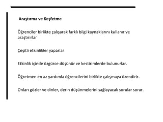Araştırma ve Keşfetme
Öğrenciler birlikte çalışarak farklı bilgi kaynaklarını kullanır ve
araştırırlar
Çeşitli etkinlikler yaparlar
Etkinlik içinde özgürce düşünür ve kestirimlerde bulunurlar.
Öğretmen en az yardımla öğrencilerini birlikte çalışmaya özendirir.
Onları gözler ve dinler, derin düşünmelerini sağlayacak sorular sorar.
 