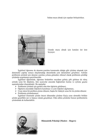 Sultan muzu almak için sopaları birleştirirken.




                                           Grande muzu almak için kutuları üst üste
                                           koyuyor.




       İçgörüsel öğrenme de deneme-yanılma kuramında olduğu gibi çözüme ulaşmak için
denemeler yapılıp sonuca ulaşılamadığı durumlarda yeni denemelere girişilmez. Aslolan
problemin çözümü için deneme yanılma yoluna gitmeden zihinsel olarak problemin çözülüp
çözümün uygulamaya geçirilmesidir.
       İçgörüsel öğrenmede, öğrenme birdenbire meydana gelmiş gibi görünse de süreç
aslında uzun bir düşünme, tüm uyarıcılar arasında bağlantıları kurma ve eyleme geçme
aşamalarından oluşmaktadır. Bu aşamalar;
     Problemin çözümü için gerekli olan tüm öğelerin görülmesi,
     Öğelerin arasındaki ilişkilerin kurulması ve yeni ilişkileri algılanması,
     Uzun süren bir problem çözme dönemi, başka bir ifadeyle uzun bir ön çözüm dönemi
     Problemin çözümlenmesi
       İçgörüsel örenmede çözüm öncesi dönemden çözüme Geçiş uzun sürmekle birlikte
çözüm genellikle ani ve hatasız olarak gerçekleşir. Elde edilen çözümler benzer problemlerin
çözümünde de kullanılabilir.




                                    Hümanistik Psikoloji (Maslow – Rogers)
 