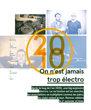 1
Big love
2
1988
live club
3
MADe
festival
4
Les Gordon
5
LESKA
6
les Trans’
7
cozy
©DR
DoC©DR
2010
Après le bug de l’an 2000, une big explosion
électro. La rav’olution est en marche,
les associations se multiplient comme les pains,
les clubs voient le jour. Rennes célèbre
le 2e
summer of love.
On n’est jamais
trop électro
Luc Donnard © R. Volante
Volontiers © Nicolas Lebon
 