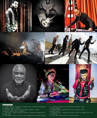 Légendes photos :
1 / Ibrahim Maalouf, résidence de création avec l’Orchestre Symphonique
de Bretagne, 2015 © R.Volante
2 / Slim Wild Boar and his Forsaken Shadow, pochette d’album
© François Langlais-Jean-Luc Navette
3 / Jeff Mills, création mondiale 2013 pour l’Orchestre Symphonique de
Bretagne ©JBG
4 / Les Béruriers Noirs aux 25 ans des TransMusicales © Richard Volante
5 / Les Wankin’ Noodles aux TransMusicales à Moscou, 2010
© Nicolas Joubard
6 / Willard White interprète Wotan dans La Walkyrie, 2013
© Richard Volante
7 / Nathalie Cousin, reformation de Billy Ze Kick au Sympatic bar, 2014
©Julien Mignot
8 / Loran, des Béruriers Noirs © Richard Volante
 