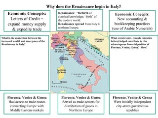 Why does the Renaissance begin in Italy?
Economic Concepts:
Letters of Credit =
expand money supply
& expedite trade
Economic Concepts:
New accounting &
bookkeeping practices
(use of Arabic Numerals)
Florence, Venice & Genoa
Had access to trade routes
connecting Europe with
Middle Eastern markets
Florence, Venice & Genoa
Served as trade centers for
distribution of goods to
Northern Europe
Florence, Venice & Genoa
Were initially independent
city-states governed as
republics
What is the connection between the
increased wealth and emergence of the
Renaissance in Italy?
What event/events (couple centuries
before) helped contribute to the
advantageous financial position of
Florence, Venice, Genoa? How?
Renaissance: “Rebirth of
classical knowledge; “birth” of
the modern world.
Renaissance spread from Italy to
northern Europe.
 