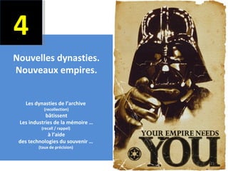 4
Nouvelles dynasties.
Nouveaux empires.


   Les dynasties de l’archive
           (recollection)
            bâtissent
 Les industries de la mémoire …
          (recall / rappel)
             à l’aide
 des technologies du souvenir …
         (taux de précision)


                                  21
 