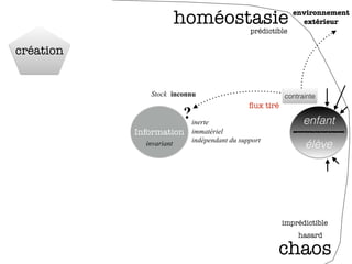 Information
enfant
élève
ﬂux tiré
homéostasie
chaos
prédictible
imprédictible
contrainte
invariant
inerte
immatériel
inconnu
?
indépendant du support
Stock
création
environnement
extérieur
hasard
 