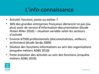 L’info-connaissance Activité, fonction, poste ou métier ?  36% des grandes entreprises françaises déclarent ne pas (ou plus) avoir de service d’information-documentation (Etude Histen Riller 2010) – situation variable selon les secteurs d’activité Environ 67500 professionnels (documentalistes, veilleurs, archivistes) (étude Serda 2009) Dilution des fonctions informations au sein des organisations (enquête métiers ADBS 2010) Forte évolution des activités au sein des fonctions (enquête métiers ADBS 2010) 