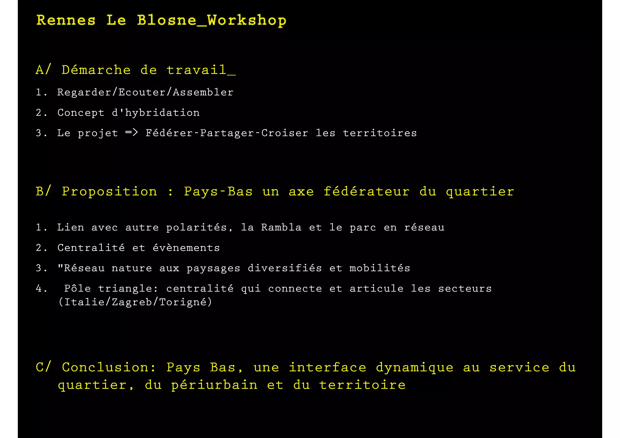 A/ Démarche de travail_
1. Regarder/Ecouter/Assembler
2. Concept d'hybridation
3. Le projet => Fédérer-Partager-Croiser les territoires




B/ Proposition : Pays-Bas un axe fédérateur du quartier

1. Lien avec autre polarités, la Rambla et le parc en réseau
2. Centralité et évènements
3. "Réseau nature aux paysages diversifiés et mobilités
4.    Pôle triangle: centralité qui connecte et articule les secteurs
     (Italie/Zagreb/Torigné)




C/ Conclusion: Pays Bas, une interface dynamique au service du
   quartier, du périurbain et du territoire
 