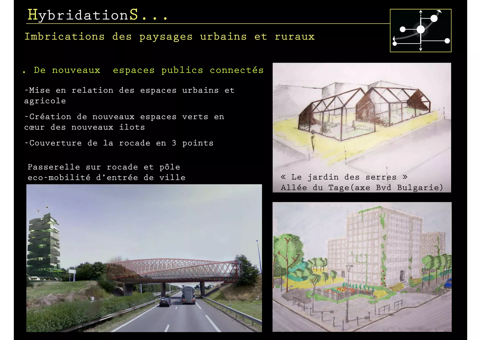 HybridationS...
Imbrications des paysages urbains et ruraux

.   De nouveaux   espaces publics connectés
-Mise en relation des espaces urbains et
agricole
-Création de nouveaux espaces verts en
cœur des nouveaux ilots
-Couverture de la rocade en 3 points

Passerelle sur rocade et pôle
eco-mobilité d’entrée de ville                « Le jardin des serres »
                                              Allée du Tage(axe Bvd Bulgarie)
    Jardin « bleu »
    Place de Serbie
 