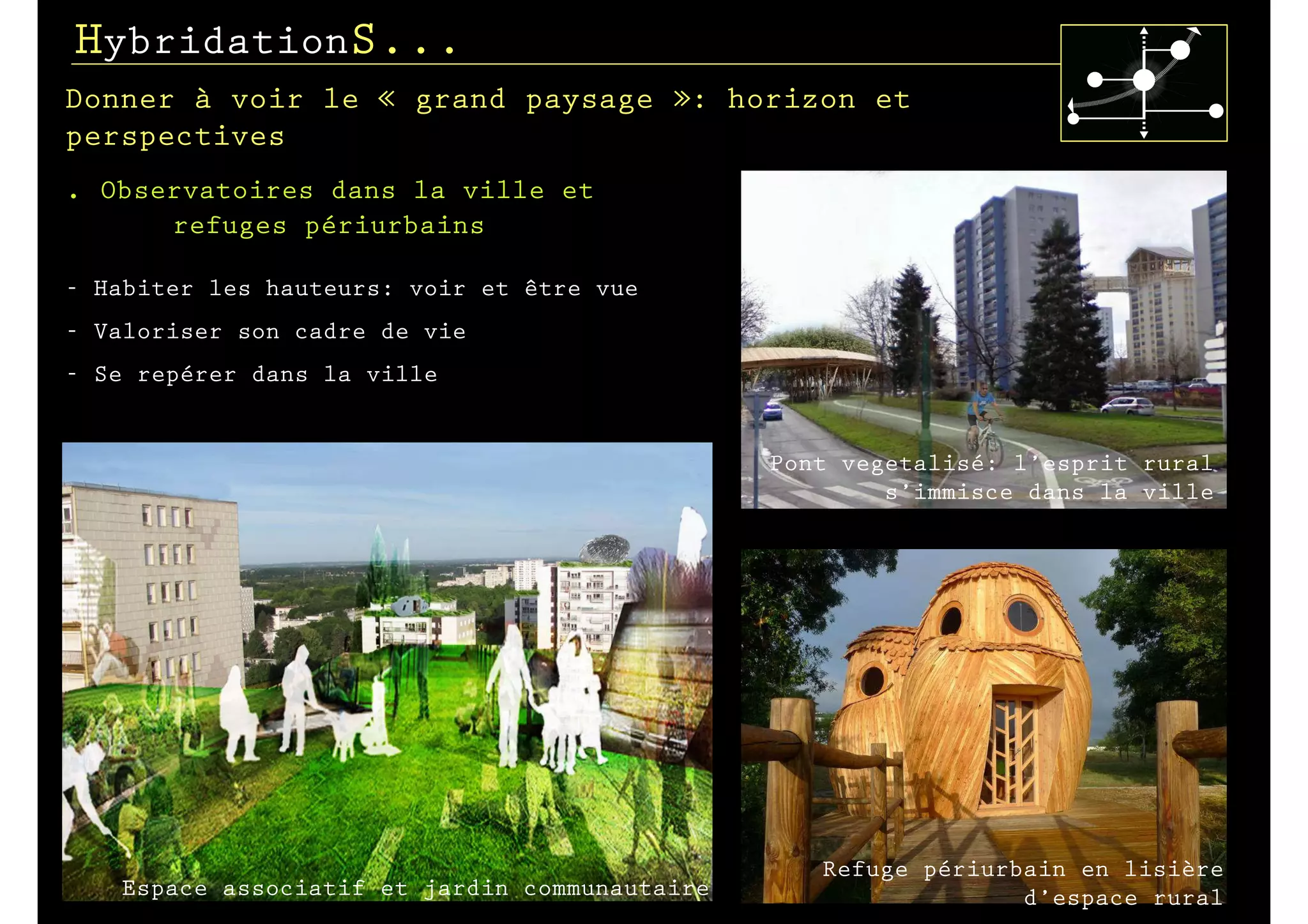 HybridationS...
Donner à voir le « grand paysage »: horizon et
perspectives
.   Observatoires dans la ville et
        refuges périurbains

- Habiter les hauteurs: voir et être vue
- Valoriser son cadre de vie
- Se repérer dans la ville


                                                 Pont vegetalisé: l’esprit rural
                                                         s’immisce dans la ville




Corridor rural




                                                    Refuge périurbain en lisière
     Espace associatif et jardin communautaire                    d’espace rural
 