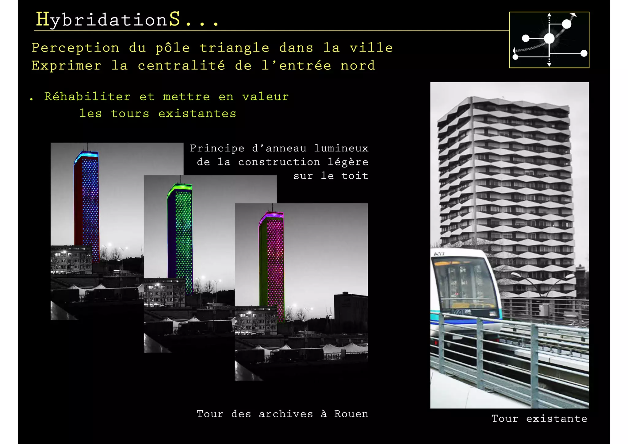 HybridationS...
Perception du pôle triangle dans la ville
Exprimer la centralité de l’entrée nord

.   Réhabiliter et mettre en valeur
        les tours existantes

                      Principe d’anneau lumineux
                       de la construction légère
                                     sur le toit




                       Tour des archives à Rouen   Tour existante
 