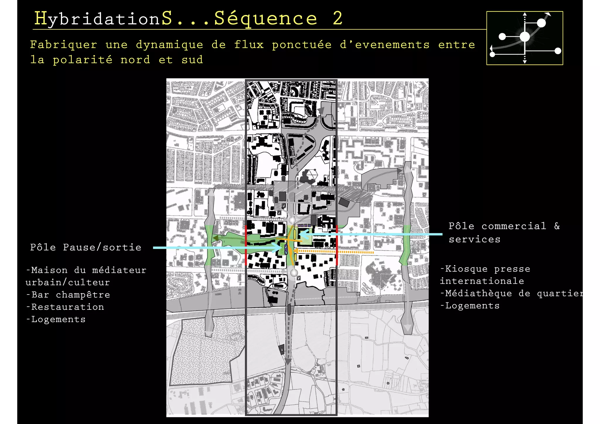 HybridationS...Séquence 2
Fabriquer une dynamique de flux ponctuée d’evenements entre
la polarité nord et sud




                                                       Pôle commercial &
                                                       services
Pôle Pause/sortie

-Maison du médiateur                                  -Kiosque presse
urbain/culteur                                        internationale
-Bar champêtre                                        -Médiathèque de quartier
-Restauration                                         -Logements
-Logements
 