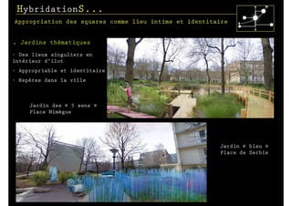 HybridationS...
Appropriation des squares comme lieu intime et identitaire


.   Jardins thématiques
- Des lieux singuliers en
intérieur d’ilot
- Appropriable et identitaire
- Repères dans la ville



      Jardin des « 5 sens »
      Place Nimègue



 Corridor rural
                                                       Jardin « bleu »
                                                       Place de Serbie
 
