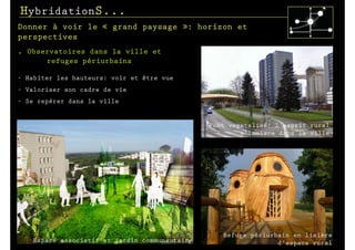 HybridationS...
Donner à voir le « grand paysage »: horizon et
perspectives
.   Observatoires dans la ville et
        refuges périurbains

- Habiter les hauteurs: voir et être vue
- Valoriser son cadre de vie
- Se repérer dans la ville


                                                 Pont vegetalisé: l’esprit rural
                                                         s’immisce dans la ville




Corridor rural




                                                    Refuge périurbain en lisière
     Espace associatif et jardin communautaire                    d’espace rural
 