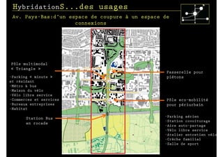 HybridationS...des usages
 Av. Pays-Bas:d’un espace de coupure à un espace de
                     connexions




Pôle multimodal
« Triangle »
                                                  Passerelle pour
-Parking « minute »                               piétons
et résidant
-Métro & bus
-Maison du vélo
-Vélo libre service
-Commerces et services                            Pôle eco-mobilité
-Bureaux entreprises                              pour périurbain
-Habitat

                                                 -Parking aérien
       Station Bus
                                                 -Station covoiturage
       en rocade
                                                 -Aire auto-partage
                                                 -Vélo libre service
                                                 -Atelier entretien vélo
                                                 -Crèche familial
                                                 -Salle de sport
 