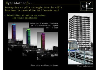 HybridationS...
Perception du pôle triangle dans la ville
Exprimer la centralité de l’entrée nord

.   Réhabiliter et mettre en valeur
        les tours existantes

                      Principe d’anneau lumineux
                       de la construction légère
                                     sur le toit




                       Tour des archives à Rouen   Tour existante
 