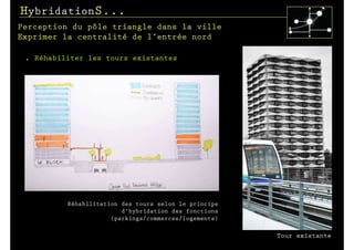HybridationS...
Perception du pôle triangle dans la ville
Exprimer la centralité de l’entrée nord

 .   Réhabiliter les tours existantes




            Réhabilitation des tours selon le principe
                           d’hybridation des fonctions
                        (parkings/commerces/logements)

                                                         Tour existante
 