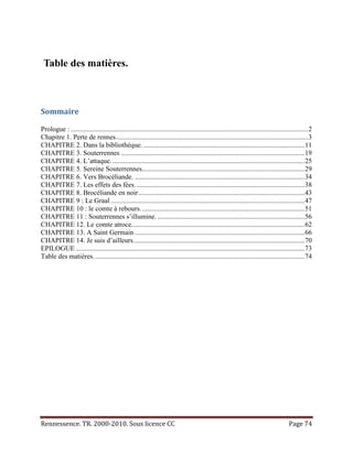 Table des matières.



Sommaire

Prologue : ......................................................................................................................................... 2
Chapitre 1. Perte de rennes ............................................................................................................... 3
CHAPITRE 2. Dans la bibliothèque. ............................................................................................. 11
CHAPITRE 3. Souterrennes .......................................................................................................... 19
CHAPITRE 4. L’attaque. ............................................................................................................... 25
CHAPITRE 5. Sereine Souterrennes.............................................................................................. 29
CHAPITRE 6. Vers Brocéliande. .................................................................................................. 34
CHAPITRE 7. Les effets des fées. ................................................................................................. 38
CHAPITRE 8. Brocéliande en noir ................................................................................................ 43
CHAPITRE 9 : Le Graal ................................................................................................................ 47
CHAPITRE 10 : le comte à rebours. .............................................................................................. 51
CHAPITRE 11 : Souterrennes s’illumine. ..................................................................................... 56
CHAPITRE 12. Le comte atroce. ................................................................................................... 62
CHAPITRE 13. A Saint Germain .................................................................................................. 66
CHAPITRE 14. Je suis d’ailleurs. .................................................................................................. 70
EPILOGUE .................................................................................................................................... 73
Table des matières. ......................................................................................................................... 74




Rennessence. TR. 2000-2010. Sous licence CC                                                                                              Page 74
 