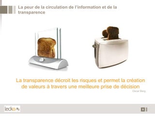 La peur de la circulation de l’information et de la
transparence




La transparence décroit les risques et permet la création
  de valeurs à travers une meilleure prise de décision
                                                      Oscar Berg




                                                             8
 