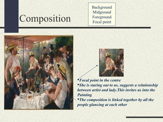 Composition 
Background 
Midground 
Foreground 
Focal point 
Focal point in the centre 
She is staring out to us, suggests a relationship 
between artist and lady.This invites us into the 
Painting 
The composition is linked together by all the 
people glancing at each other 
 
