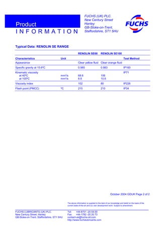 Typical Data: RENOLIN SE RANGE
RENOLIN SE68 RENOLIN SE100
Characteristics Unit Test Method
Appearance Clear yellow fluid Clear orange fluid
Specific gravity at 15.6ºC 0.985 0.983 IP160
Kinematic viscosity
at 40ºC
at 100ºC
mm2
/s
mm2
/s
68.6
8.8
106
10.6
IP71
Viscosity index 102 80 IP226
Flash point (PMCC) ºC 215 210 IP34
October 2004 GDUK Page 2 of 2
FUCHS LUBRICANTS (UK) PLC. Tel: +44-8701 -20 04 00
New Century Street, Hanley Fax: +44-1782 -20 20 73
GB-Stoke-on-Trent, Staffordshire, ST1 5HU contact-uk@fuchs-oil.com
http://www.fuchslubricants.com
The above information is supplied to the best of our knowledge and belief on the basis of the
current state-of-the-art and our own development work. Subject to amendment.
I N F O R M A T I O N
Product
FUCHS (UK) PLC.
New Century Street
Hanley
GB-Stoke-on-Trent,
Staffordshire, ST1 5HU
 
