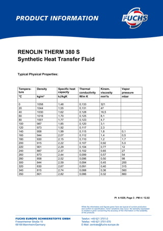 RENOLIN THERM 380 S
Synthetic Heat Transfer Fluid
PI 4-1029, Page 3 ; PM 4 / 12.02
Typical Physical Properties:
Tempera-
ture
Density Specific heat
capacity
Thermal
conductivity
Kinem.
viscosity
Vapor
pressure
°C kg/m³ kJ/kgK W/m K mm²/s mbar
0 1058 1,48 0,133 321
20 1044 1,55 0,131 47
40 1030 1,62 0,128 16,5
60 1016 1,70 0,125 8,1
80 1001 1,77 0,123 4,7
100 987 1,85 0,120 3,1
120 973 1,92 0,117 2,3
140 958 1,99 0,115 1,8 0,1
160 944 2,07 0,112 1,4 0,5
180 930 2,15 0,110 1,2 1,7
200 915 2,22 0,107 0,92 5,0
220 901 2,29 0,104 0,77 12
240 887 2,37 0,102 0,65 27
260 873 2,44 0,099 0,57 54
280 858 2,52 0,096 0,50 98
300 844 2,59 0,094 0,45 200
320 830 2,67 0,091 0,40 315
340 815 2,74 0,088 0,36 560
350 801 2,82 0,086 0,32 860
 