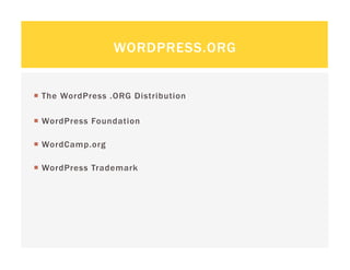 WORDPRESS.ORG


  The WordPress .ORG Distribution

  WordPress Foundation

  WordCamp.org

  WordPress Trademark
 