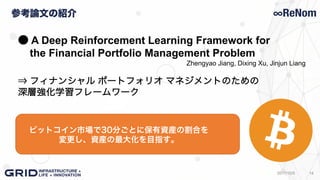 参考論文の紹介
142017/10/5
● A Deep Reinforcement Learning Framework for
the Financial Portfolio Management Problem
Zhengyao Jiang, Dixing Xu, Jinjun Liang
⇒ フィナンシャル ポートフォリオ マネジメントのための
深層強化学習フレームワーク
ビットコイン市場で30分ごとに保有資産の割合を
変更し、資産の最大化を目指す。
 