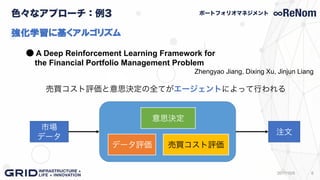 色々なアプローチ：例3
62017/10/5
ポートフォリオマネジメント
強化学習に基くアルゴリズム
● A Deep Reinforcement Learning Framework for
the Financial Portfolio Management Problem
Zhengyao Jiang, Dixing Xu, Jinjun Liang
データ評価 売買コスト評価
意思決定
注文
市場
データ
売買コスト評価と意思決定の全てがエージェントによって行われる
 