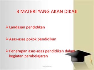 3 MATERI YANG AKAN DIKAJI
Landasan pendidikan
Asas-asas pokok pendidikan
Penerapan asas-asas pendidikan dalam
kegiatan pembelajaran
 