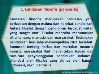 1. Landasan filosofis (pancasila)
• Landasan filosofis merupakan landasan yang
berkaiatan dengan makna dan hakekat pendidikan.
Antara filsafat dengan pendidikan terdapat kaitan
yang sangat erat. Filsafat mencoba merumuskan
citra tentang manusia dan masyarakat. Sedangkan
pendidikan berusaha mewuwjudkan citra tersebut.
Rumusan tentang harkat dan martabat manusia
beserta masyarakat ikut menentukan tujuan dan
cara-cara penyelenggaran pendidikan indonesia
dilandasi oleh filsafat yang dianut oleh bangsa
indonesia, yakni pancasila.
 