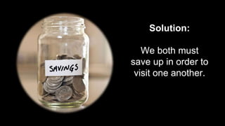 Solution:
We both must
save up in order to
visit one another.
 