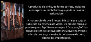 A produção de vinho, de forma correta, indica na
mensagem um simbolismo que pode ser assim
esclarecido:
A maceração da uva é necessária para que surja o
substrato ou essência do vinho. Da mesma forma, é
preciso que o Espírito se entregue à “maceração” das
provas existenciais através dos inevitáveis sacrifícios,
afim de que surja a essência do homem de bem,
liberto das imperfeições.
 
