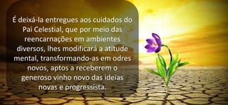 É deixá-la entregues aos cuidados do
Pai Celestial, que por meio das
reencarnações em ambientes
diversos, lhes modificará a atitude
mental, transformando-as em odres
novos, aptos a receberem o
generoso vinho novo das ideias
novas e progressista.
 