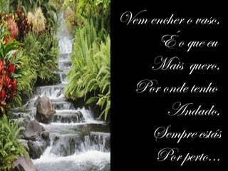 Vem encher o vaso,
É o que eu
Mais quero,
Por onde tenho
Andado,
Sempre estás
Por perto...
 