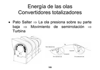 Energía de las olas
     Convertidores totalizadores
• Pato Salter ⇒ La ola presiona sobre su parte
  baja ⇒ Movimiento de semirrotación ⇒
  Turbina




                      109
 