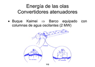 Energía de las olas
    Convertidores atenuadores
• Buque Kaimei ⇒ Barco equipado        con
  columnas de agua oscilantes (2 MW)




                   112
 