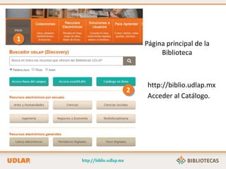 Página principal de la
Biblioteca
1. http://biblio.udlap.mx
2. Acceder al Catálogo.
2
1