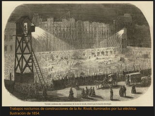 Trabajos nocturnos de construcciones de la Av. Rivoli, iluminados por luz eléctrica.
Ilustración de 1854.
 