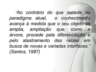 “Ao contrário do que sucede no
paradigma atual,    o conhecimento
avança à medida que o seu objeto se
amplia, ampliação que, como a
árvore, procede pela diferenciação e
pelo alastramento das raízes em
busca de novas e variadas interfaces.”
(Santos, 1987)
 
