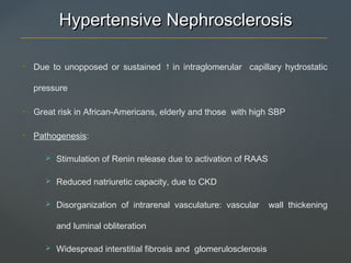 Hypertensive NephrosclerosisHypertensive Nephrosclerosis
• Due to unopposed or sustained ↑ in intraglomerular capillary hydrostatic
pressure
• Great risk in African-Americans, elderly and those with high SBP
• Pathogenesis:
 Stimulation of Renin release due to activation of RAAS
 Reduced natriuretic capacity, due to CKD
 Disorganization of intrarenal vasculature: vascular wall thickening
and luminal obliteration
 Widespread interstitial fibrosis and glomerulosclerosis
 