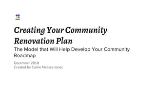 CreatingYourCommunity
RenovationPlan
The Model that Will Help Develop Your Community
Roadmap
December 2018
Created by Carrie Melissa Jones
 