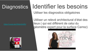 Diagnostics Identifier les besoins
Utiliser les diagnostics obligatoires
Utiliser un relevé architectural d’état des
lieux ( qui est différent de celui du
géomètre expert pour la surface Carrez)
https://youtu.be/i3SdroSvl5U
 