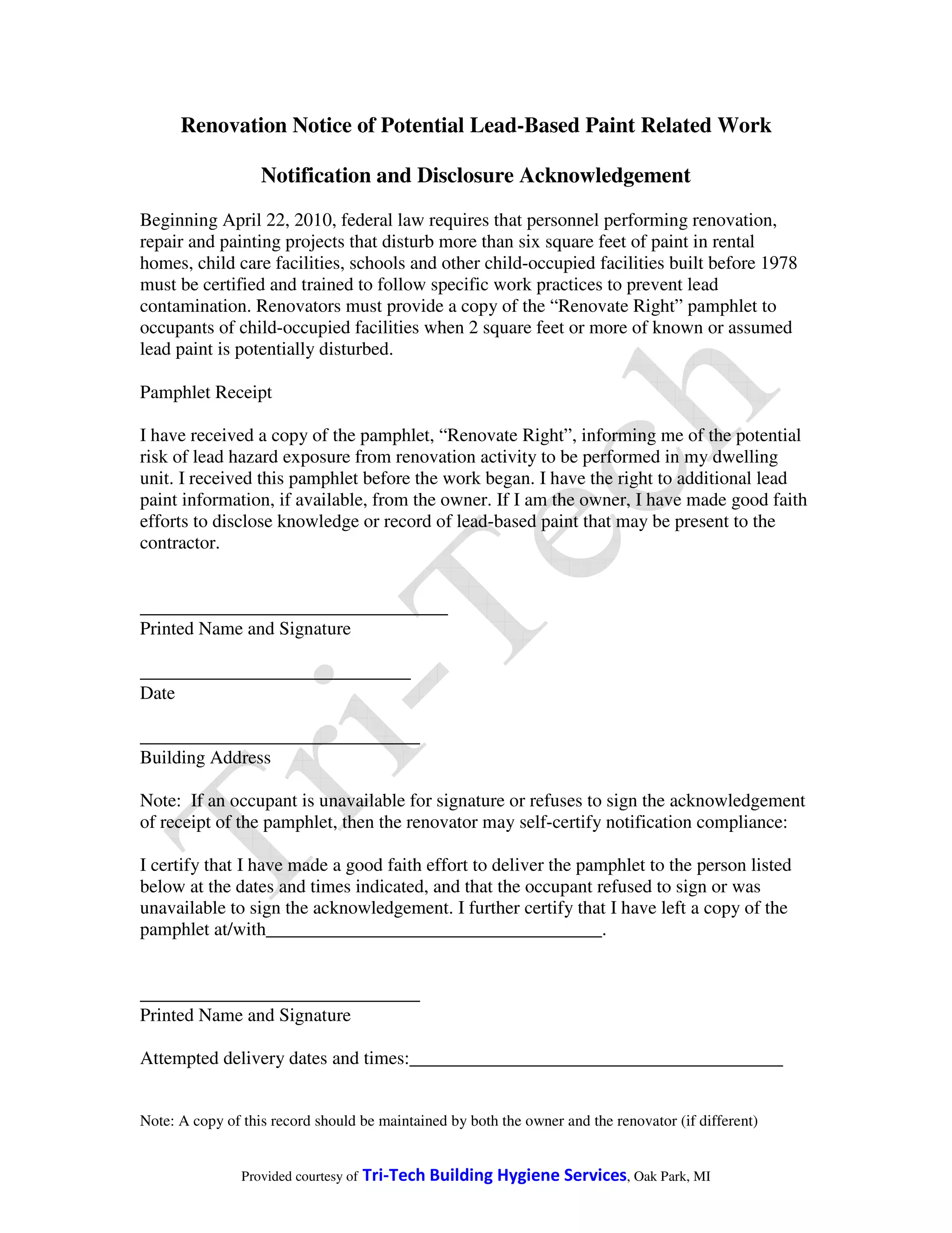 Image showcasing Renovation notice of potential lead hazard general | PDF