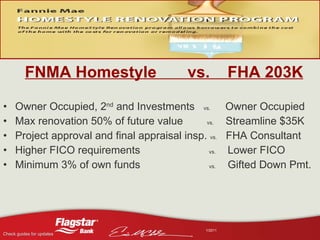 FNMA Homestyle  vs.  FHA 203K Owner Occupied, 2 nd  and Investments  vs.   Owner Occupied Max renovation 50% of future value  vs.   Streamline $35K Project approval and final appraisal insp.  vs.   FHA Consultant Higher FICO requirements  vs.   Lower FICO Minimum 3% of own funds  vs.   Gifted Down Pmt. 