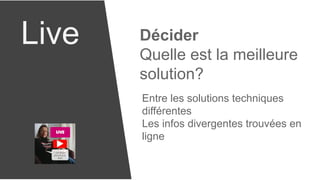 Live Décider
Quelle est la meilleure
solution?
Entre les solutions techniques
différentes
Les infos divergentes trouvées en
ligne
 