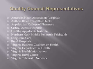 Quality Council RepresentativesAmerican Heart Association (Virginia)Anthem Blue Cross/Blue ShieldAppalachian College of PharmacyCritical Access HospitalsHealthy Appalachia InstituteNorthern Neck Middle Peninsula TelehealthLong-term CareRural HospitalsVirginia Business Coalition on HealthVirginia Department of HealthVirginia Health InformationVirginia Rural CenterVirginia Telehealth Network