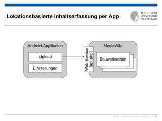 KOM – Multimedia Communications Lab 11
Lokationsbasierte Inhaltserfassung per App
Android-Applikation MediaWiki
Upload
Einstellungen
Bauwerkseiten
Bauwerkseiten
Bauwerkseiten
WebService
[api.php]
 