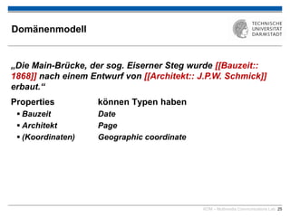 KOM – Multimedia Communications Lab 25
Domänenmodell
„Die Main-Brücke, der sog. Eiserner Steg wurde 1868 nach
einem Entwurf von J.P.W. Schmick erbaut.“
Properties können Typen haben
 Bauzeit Date
 Architekt Page
 (Koordinaten) Geographic coordinate
„Die Main-Brücke, der sog. Eiserner Steg wurde [[Bauzeit::
1868]] nach einem Entwurf von [[Architekt:: J.P.W. Schmick]]
erbaut.“
 